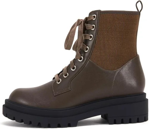 Vista 4 de VETASTE Botas de tobillo con cordones para mujer, puntera redonda, tacón bajo y grueso, botines de combate de invierno