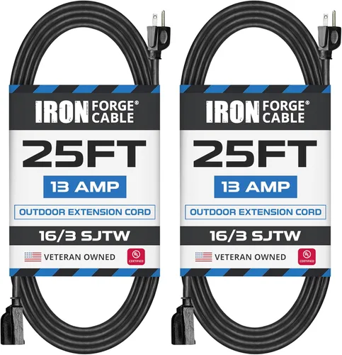 Vista 21 de Iron Forge Cable Paquete de 2 cables de extensión negros de 3 pies, cable de extensión de 16/3, 3 pies, 3 puntas, resistente a la intemperie, ideal