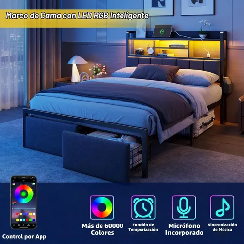 Vista 3 de Furnulem - Base de cama de tamaño matrimonial con cabecero, cajones, estación de carga, LED Capacidad de 1200 libras, cabecera tapizada,