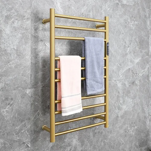 Vista 2 de Calentador de toallas eléctrico dorado, toallero calentado de pie y montado en la pared para baño, radiador de acero inoxidable 304, calentador