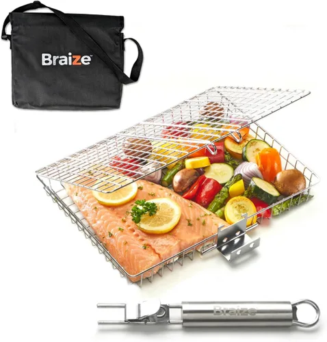 Vista 9 de Cesta de parrilla ajustable con mango extraíble – 4 niveles de altura para verduras, carne, pescado y más – Cesta de barbacoa con tapa de bloqueo