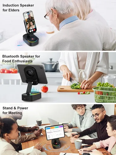 Vista 7 de Altavoz de inducción inalámbrico, soporte para teléfono celular con altavoz Bluetooth inalámbrico, soporte para iPhone 5 en 1 con luz colorida