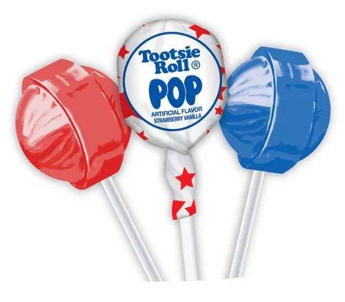 Vista 2 de Patriotic Tootsie Roll Pops, Paletas con sabor a cereza y frambuesa azul con centro de chocolate, caramelos duros envueltos individualmente