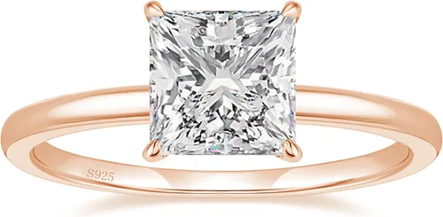 Vista 8 de EAMTI Anillos de compromiso de plata de ley 925 de 2 quilates, corte princesa, circonita cúbica, anillos de promesa de boda para ella latón-oro