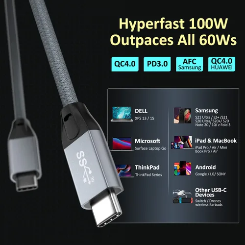 Vista 7 de QCEs Cable corto USB C a USB C 3.2 Gen 2 de 1.65 pies, transferencia de datos de alta velocidad de 20 Gbps, pantalla 4K, carga rápida de 100 W