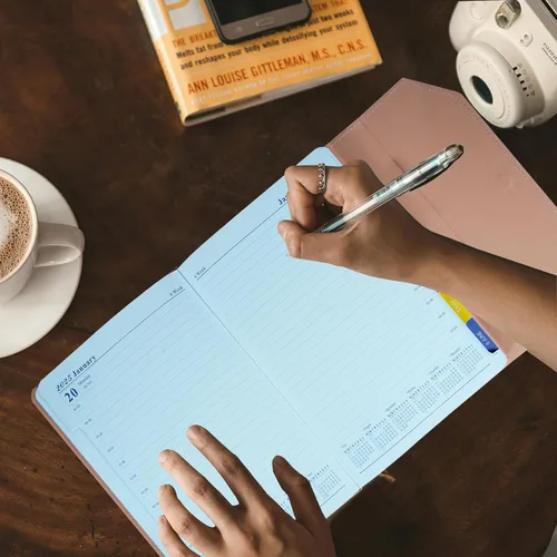 Vista 4 de Agenda mensual diaria 2025, calendario, enero a diciembre de 2025, papel grueso de 3.53 oz/m², cubierta de cuero, agenda con horario por hora, 6.1 x