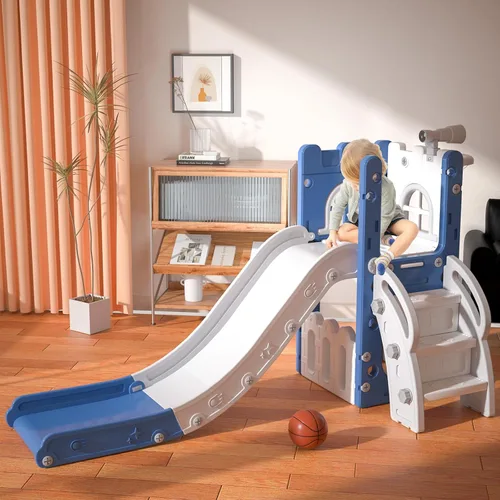 Vista 4 de MOCUTEEN Tobogán 6 en 1 para niños pequeños, juego de bebé para interiores y exteriores con aro de baloncesto, almacenamiento y telescopio, juguetes