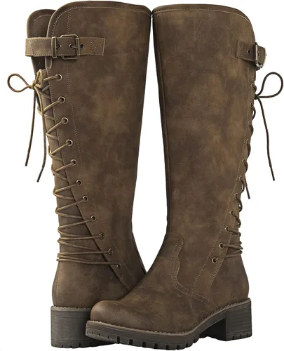 Vista 2 de GLOBALWIN - Botas de combate de equitación altas con cordones para mujer, cómodas botas góticas de motocicleta para mujer con cremallera y tacón