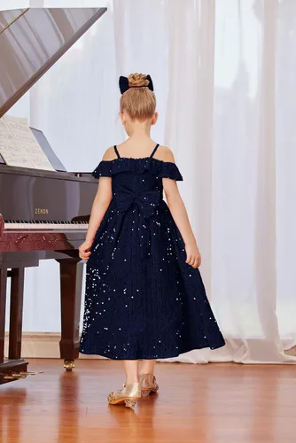 Vista 3 de GRACE KARIN Vestido de niña con hombros descubiertos y lentejuelas brillantes con nudo de lazo, 6-12 años