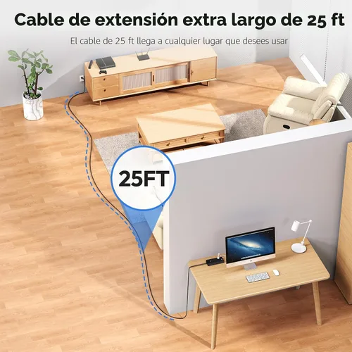 Vista 4 de NTONPOWER Tira de alimentación con cable largo, cable de extensión de 25 pies con 12 salidas y 4 puertos USB (2 USB C), extensor de múltiples