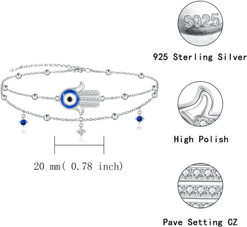 Vista 6 de Tobillera de plata de ley 925 ajustable de doble capa de ojo de diablo azul, protección espiritual, pulsera de tobillo de mano de Fátima