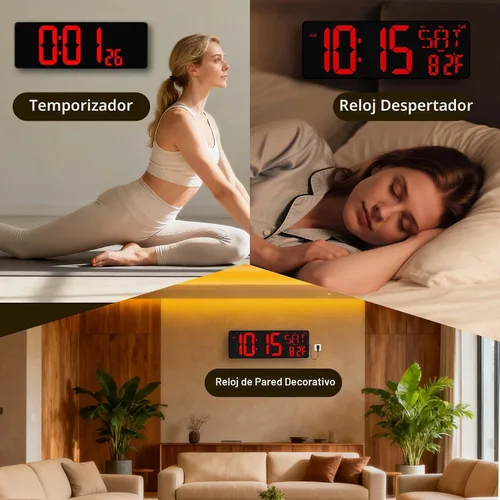 Vista 7 de Reloj de pared digital con pantalla grande: reloj digital LED de 16.5 pulgadas con control remoto, fecha, semana, DST automático, brillo ajustable