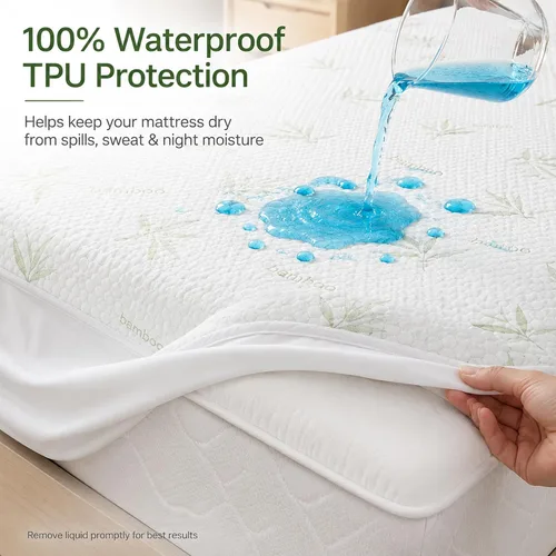 Vista 3 de Protector de colchón de viscosa de bambú impermeable, suave, silencioso y transpirable, bolsillo profundo de hasta 18 pulgadas, lavable a máquina