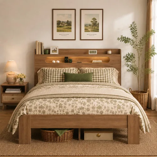 Vista 9 de Marco de cama tamaño completo de madera, cabecero con almacenamiento y estación de carga y luces LED, estructura robusta de granja rústica, fácil