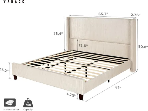 Vista 2 de VanAcc - Base de cama tapizada de pana tamaño Queen con cabecera de ala Crema