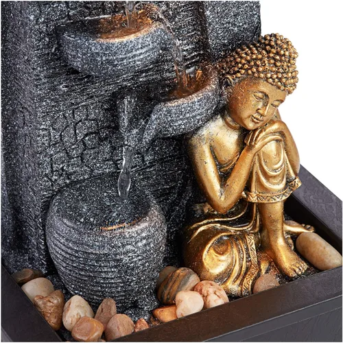 Vista 2 de Kneeling Gold Buddha de 17 pulgadas de alto, pequeña fuente de mesa de piedra sintética para interiores y exteriores, fuente de mesa de piedra