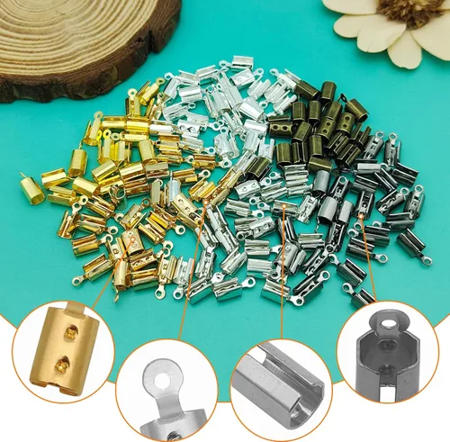 Vista 4 de 600 piezas de extremos de cordón plegables de acero inoxidable para fabricación de joyas, extremos plegables, cierre de abrazadera de cinta de cuero