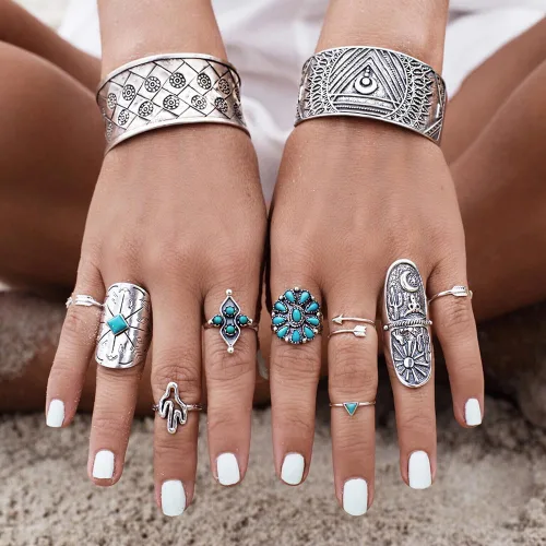 Vista 4 de Caiyao Juego de anillos retro turquesa para mujer, anillos vintage occidentales, joyería bohemia, verano, playa, anillos para adolescentes, niñas