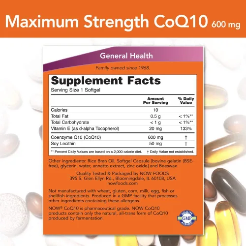 Vista 2 de Now CoQ10 Co-Enzima Q10 600 mg - 60 cápsulas blandas