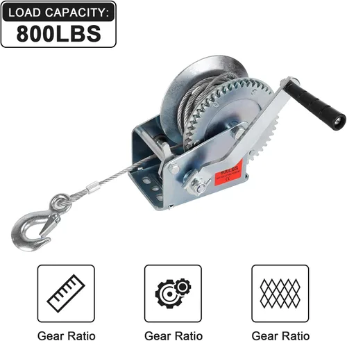 Vista 5 de Cabrestante de mano resistente de 800 libras con cable de alambre de acero de 32 pies, cabrestante de engranajes de correa de manivela manual