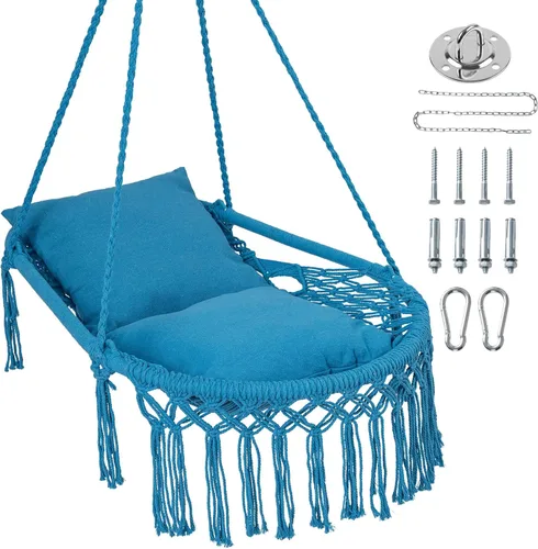 Vista 13 de Happygrill Silla de columpio, hamaca de macramé con cojín de asiento redondo, cuerdas de algodón de poliéster resistentes y anillos de metal Beige