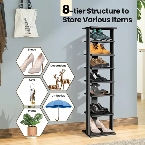 Vista 4 de COSTWAY Zapatero vertical de 8 niveles, organizador de almacenamiento de zapatos alto y estrecho con estante extraíble para botas, kit antivuelcos