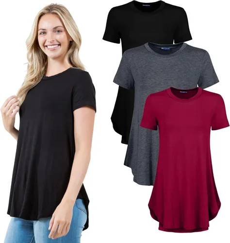 Vista 11 de Azules Blusa larga de manga corta para mujer, con cuello redondo y dobladillo curvado, suave y elástica