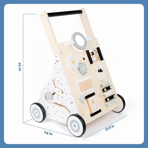 Vista 2 de Asweets Andador de bebé de madera con empuje y tracción para aprender, actividad de aprendizaje para niños, juguete de actividad con múltiples