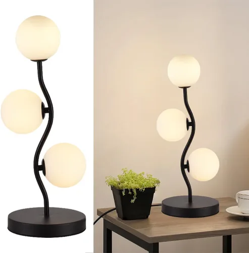 Vista 10 de Lámpara de mesa de globo negro de mediados de siglo industrial retro con 2 luces orbiculares de escritorio con globo de vidrio blanco para mesita