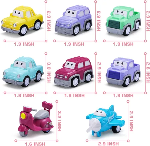 Vista 6 de Vehículo de juguete de dibujos animados para niña pequeña, camión transportador rosa 9 en 1 para bebés, automóvil de transporte de energía