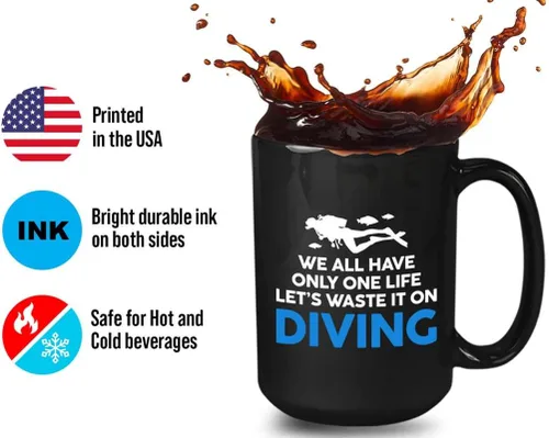 Vista 15 de Taza de café de buceo de 11 onzas, color negro, sumerge en la felicidad, actividades de respiración subacuática, pasatiempos, natación, ascenso