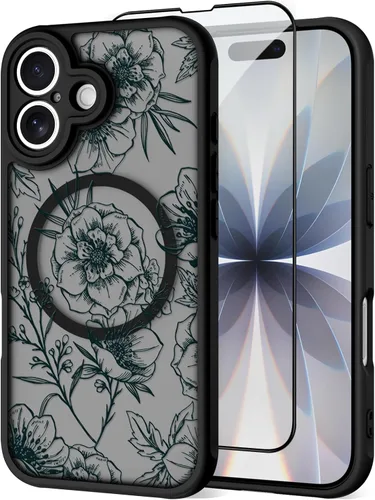 Vista 40 de OOK Funda magnética para iPhone 13 Pro Max [compatible con MagSafe] Funda delgada translúcida mate con flor silvestre negra, protección para lente