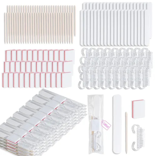Vista 8 de 20 juegos de kit de manicura desechable básico de 4 piezas para viajes, cepillo de agarre, mini pulidor de uñas, lima de uñas y palo de madera