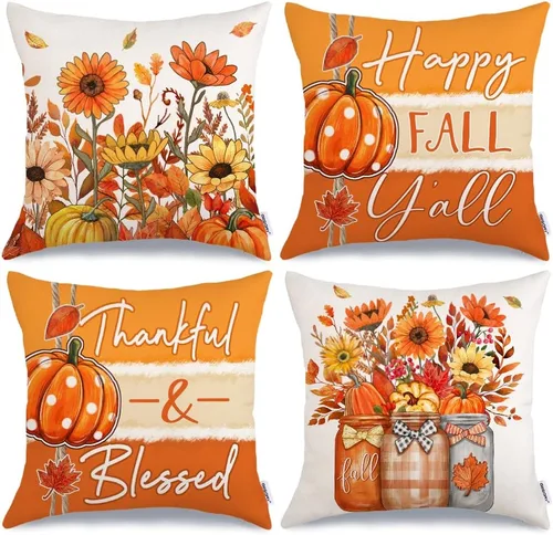 Vista 18 de GEEORY Juego de 4 fundas de almohada de camión de calabaza de otoño de 18 x Naranja y blanco