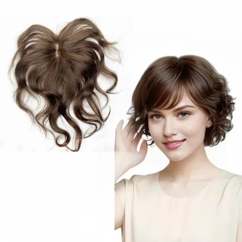 Vista 8 de Anemone Toppers humanos rizados y ondulados con clip con flequillo lateral, flecos, para mujeres, pelucas para pérdida de cabello suave, cubierta