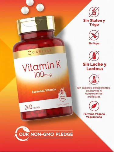 Vista 4 de Carlyle Vitamina K 100 mcg 240 tabletas Vegetariano, sin OMG, sin gluten Suplemento de vitamina K