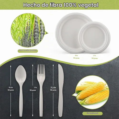 Vista 2 de Fuyit 250 platos de papel compostables con juego de cubiertos, utensilios desechables biodegradables largos ecológicos incluye platos, tenedor Juego