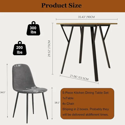 Vista 6 de Juego de mesa de comedor redonda para 4, mesa de cocina redonda rústica de 36 pulgadas y 4 sillas de comedor de lino y algodón gris oscuro, marco