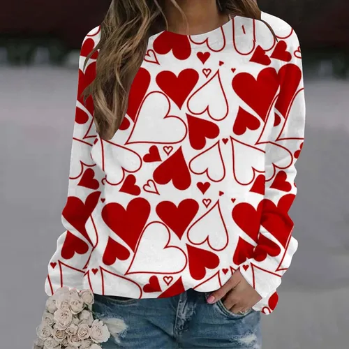 Vista 3 de Camisas de San Valentín para mujer, casual, con estampado de corazón, manga larga, cuello redondo, suéter de ajuste holgado 2024