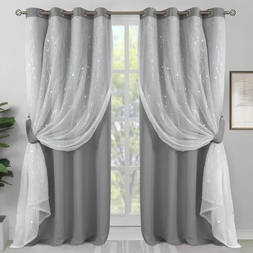 Vista 19 de BGment Cortinas de oscurecimiento de habitación con superposición transparente, cortinas de tul estampado plateado de doble capa para sala de estar