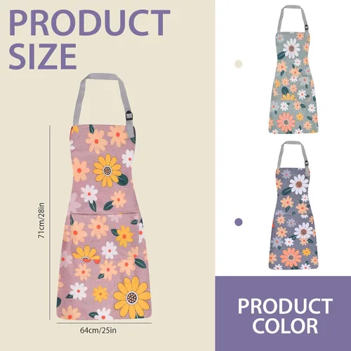 Vista 2 de 3 Pack Floral Apron for Women with Pockets, Adjustable Aprons for Women for Kitchen Cooking