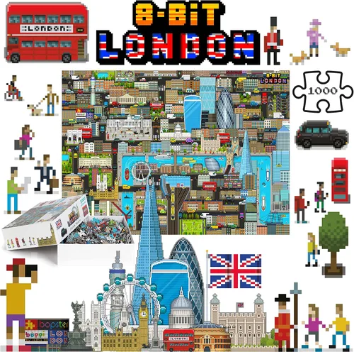 Vista 2 de Rompecabezas de 1000 piezas, estilo retro de 8 bits, rompecabezas de Londres de 1000 piezas para adultos, hechos con cartón 100% reciclado