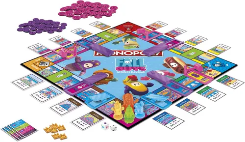 Vista 3 de Monopoly Fall Guys Ultimate Knockout Edition Juego de mesa para jugadores de 8 años en adelante, Dodge Interactive Obstáculos, incluye Troquel