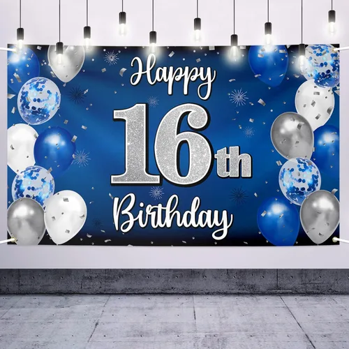 Vista 45 de Decoración de feliz cumpleaños número 100, globo azul y plateado grande cartel de fondo de cumpleaños de 100 años - Suministros para fiesta