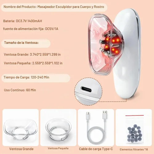 Vista 5 de 5-in-1 Electric Body Sculpting Massager - Red Blue LED Light Therapy & Microcurrent Tool with Oval/Round Suction Cups for Face & Body Tightening