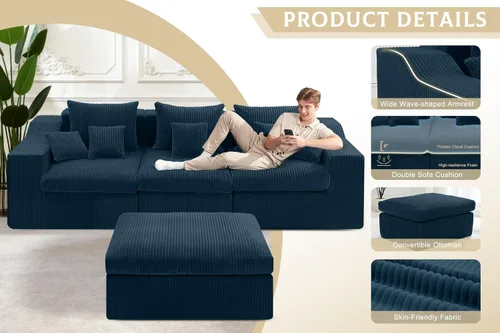 Vista 6 de Sofá modular modular de 101 pulgadas con otomana, sofás grandes y cómodos de nube, sofá modular de 4 asientos en forma de L, sofás seccionales