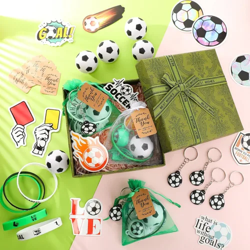 Vista 7 de Hungdao 158 piezas de recuerdos de fiesta de fútbol para 18 niños, incluye mini llavero de fútbol animoso, pulseras de silbato, calcomanías