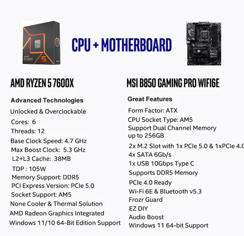 Vista 2 de Micro Center Procesador AMD 7600X con placa base WiFi MSI B850 Gaming PRO AMD Ryzen 5 7600X + MSI B850 GAMING PRO WIFI6E