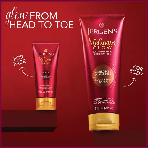 Vista 3 de Jergens Melanin Glow Mejorador de brillo facial, luminizador e hidratante con ácido hialurónico, probado por dermatólogos, no comedogénico, 2Oz