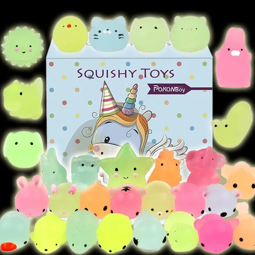 Vista 2 de POKONBOY Juguetes esponjosos Mochi que brillan en la oscuridad para recuerdos de fiesta, paquete de 30 mini Kawaii lindos animales esponjosos